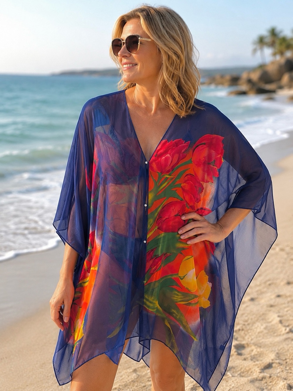 Sheer Blue Floral Tropical Beach Cover-Up-Poncho Kaftan